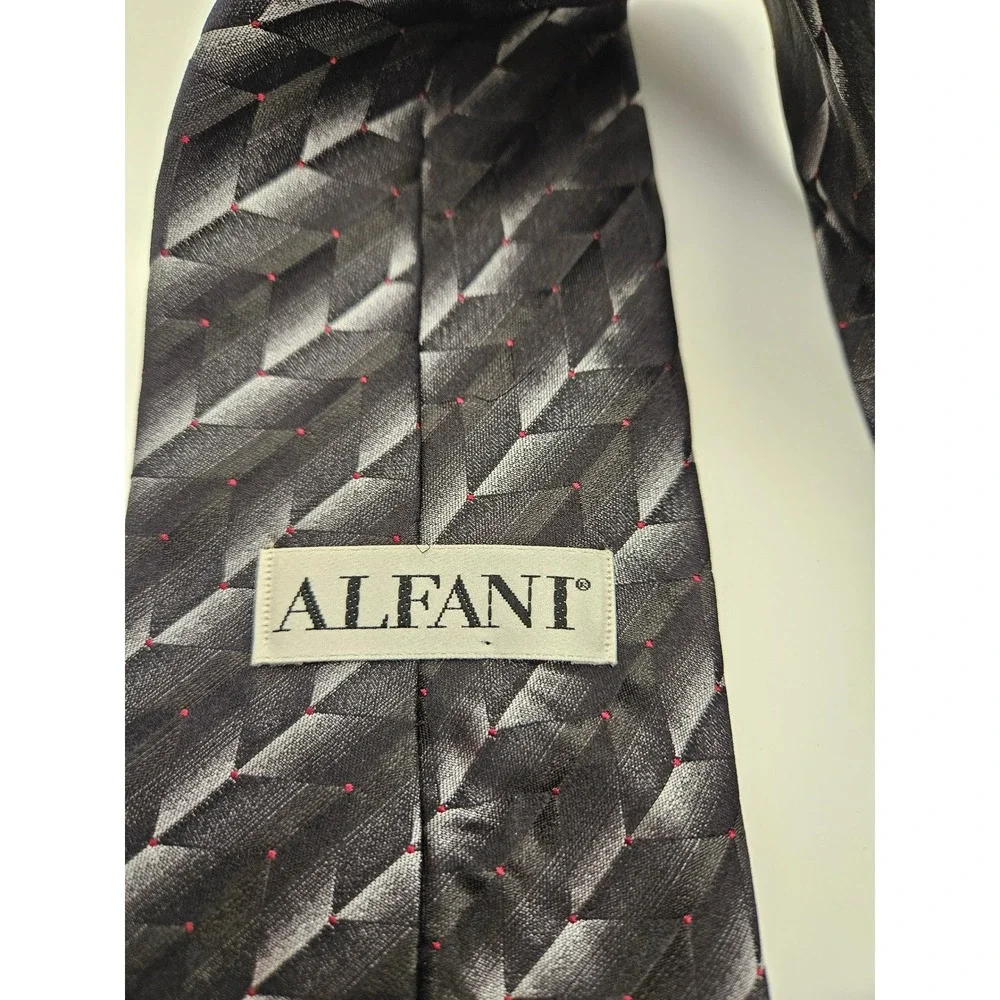 Alfani Mens Silk Necktie Black Grey Geometric Chevron Red Micro Dot WPL‎ 8046